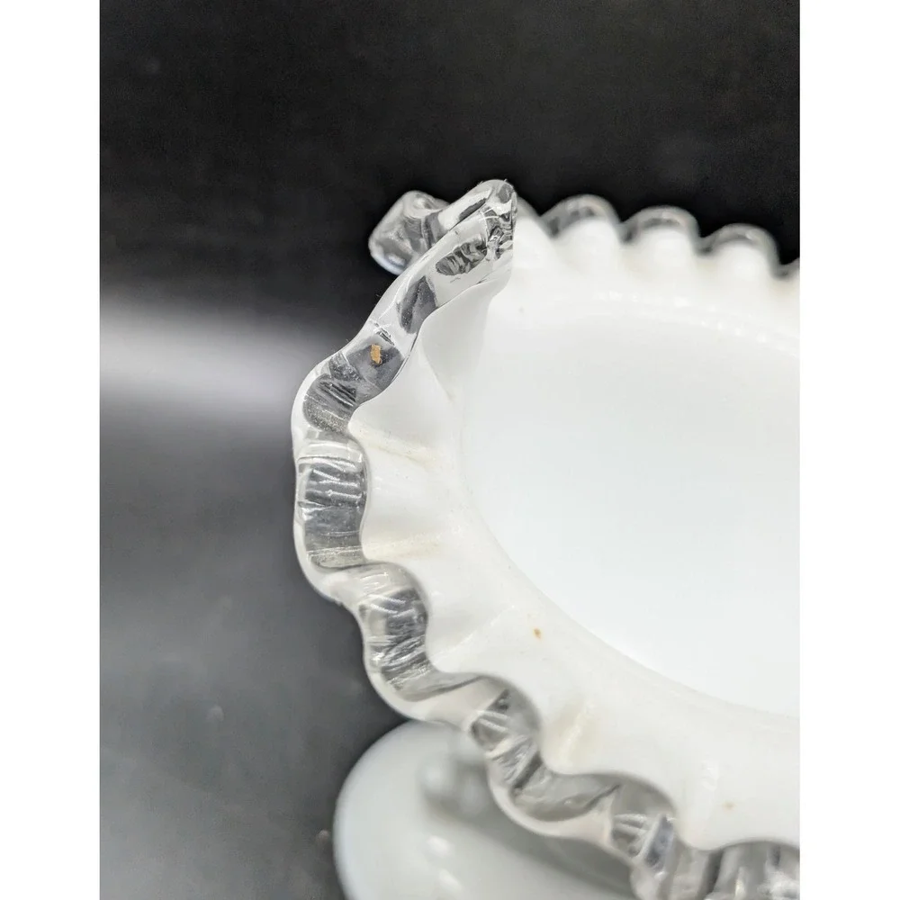 Fenton Milk Glass Silver Crest Ruffled Cornucopia Vase White Clear Edge Vintage